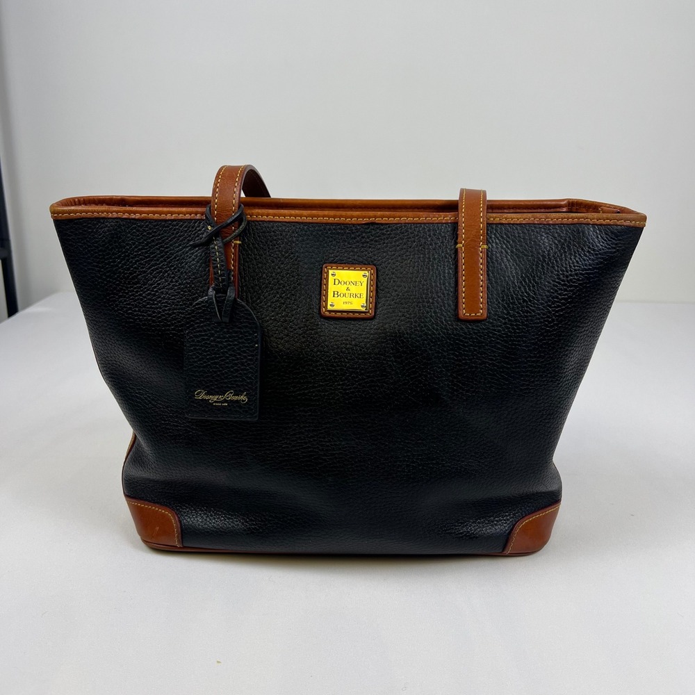 Dooney & Bourke Pebble Grain Leather Tote Black Tan Trim Good Condition Handbag